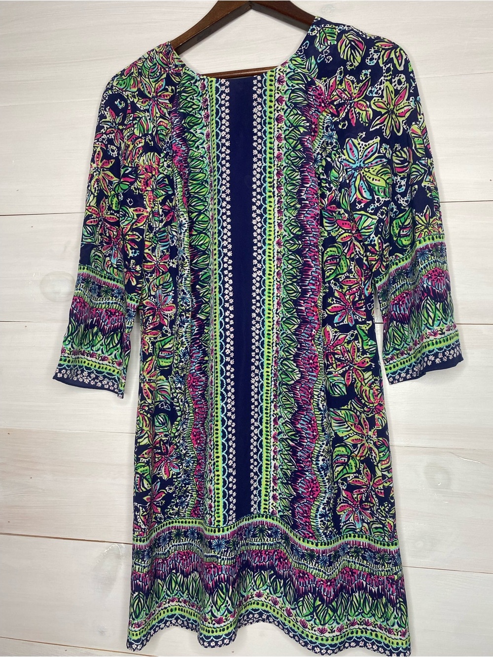 Lilly Pulitzer 3/4 Sleeve Floral Shift Dress Navy Blue Size 4